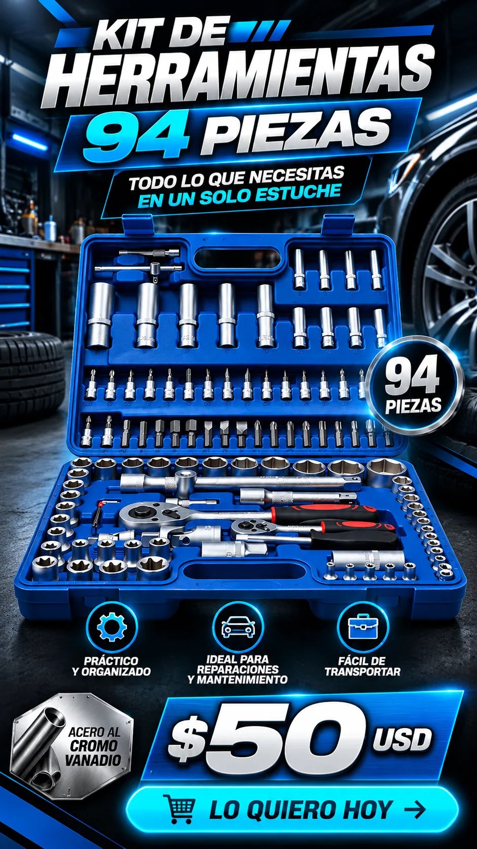 Kit mecánico de 94 piezas, presentación y precio de 50 dólares