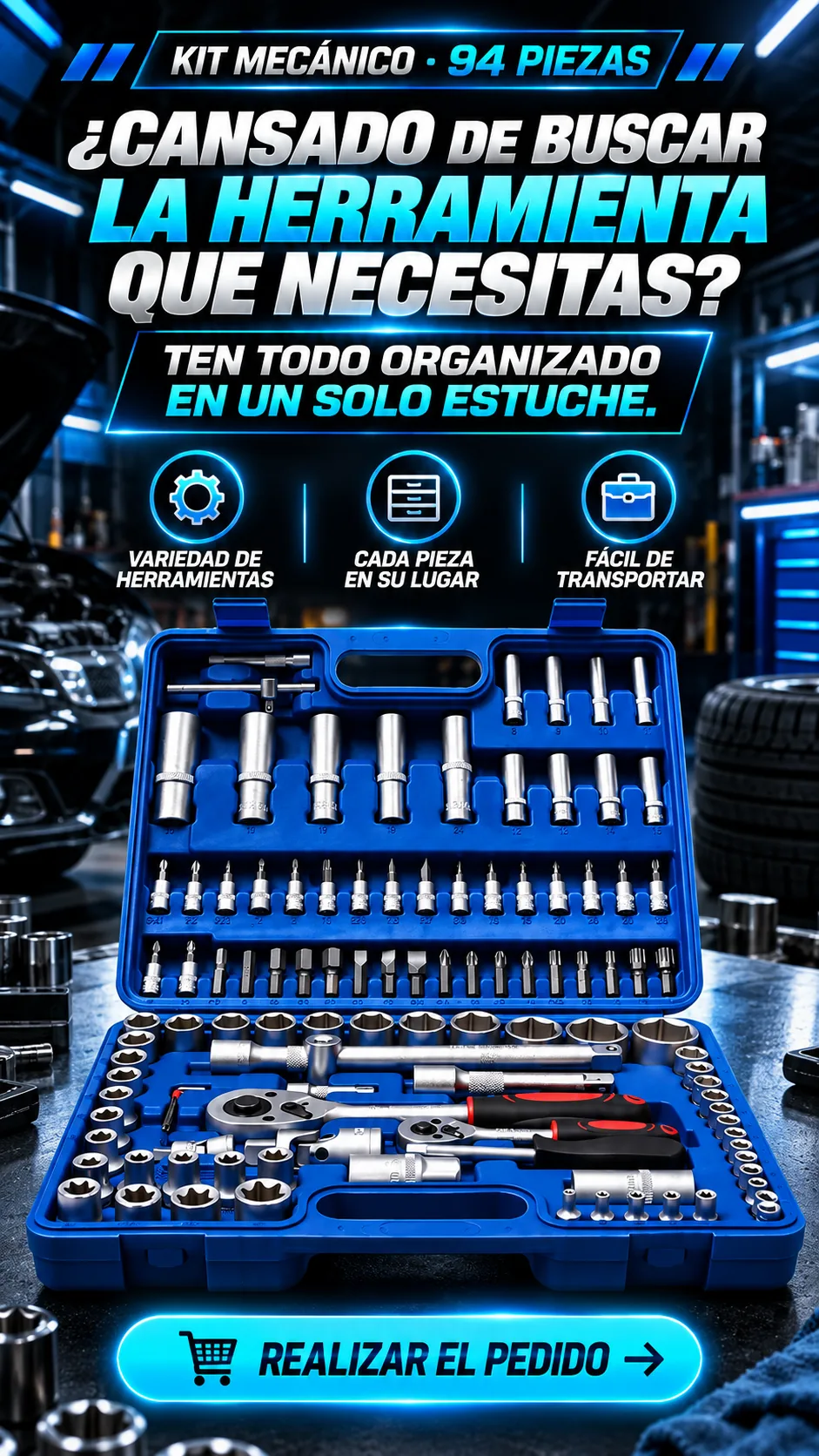 Herramientas organizadas en su estuche azul, ventajas principales