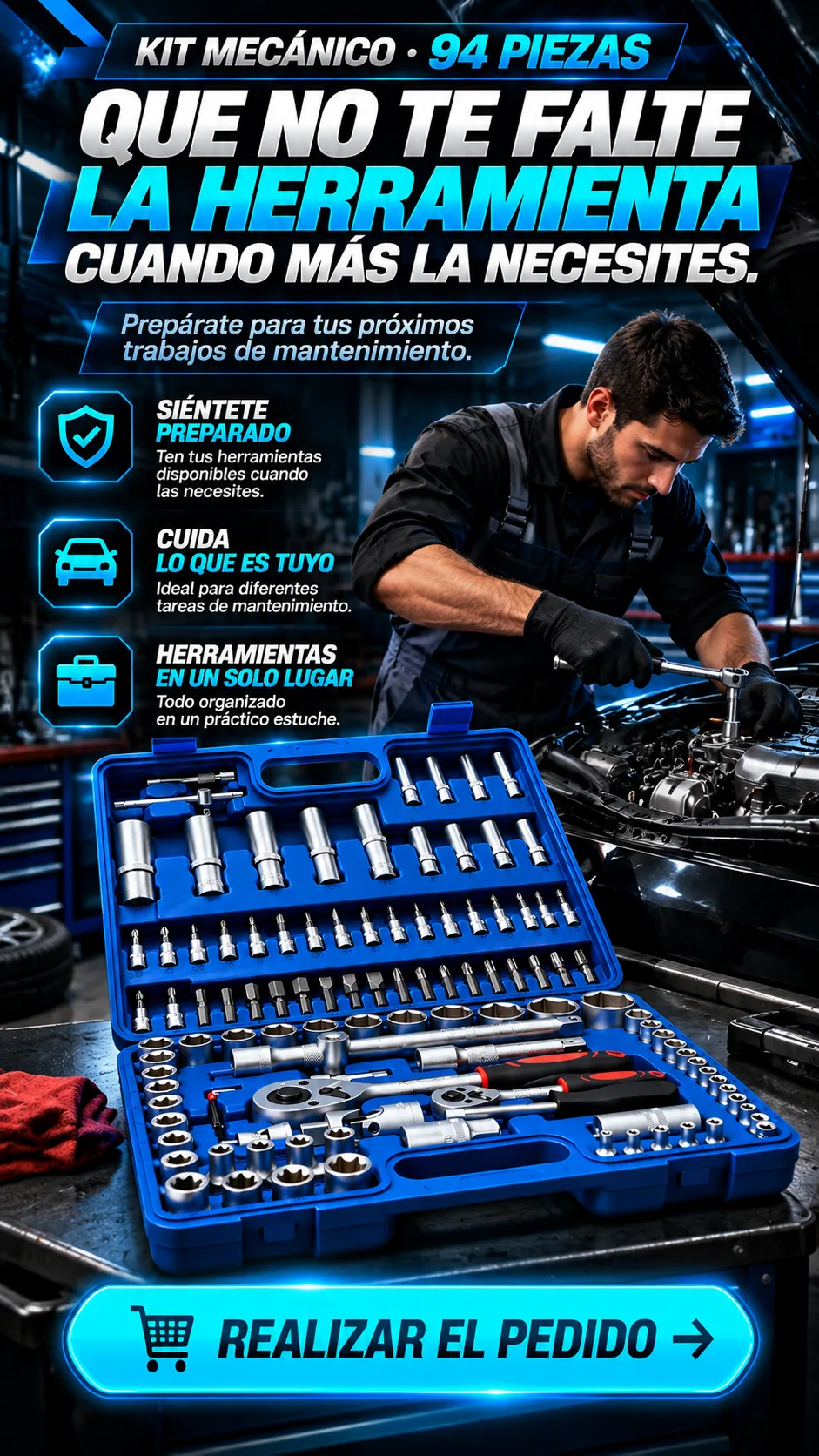 Kit de herramientas azul abierto junto a escena de mantenimiento automotriz