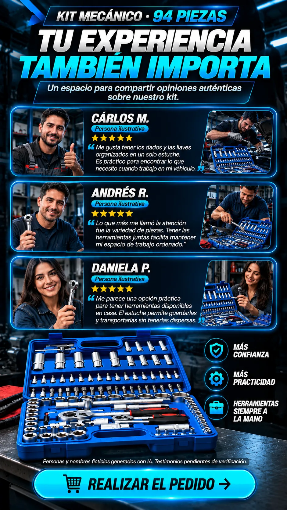 Maqueta con opiniones ficticias y personajes generados con IA; las valoraciones mostradas no están verificadas