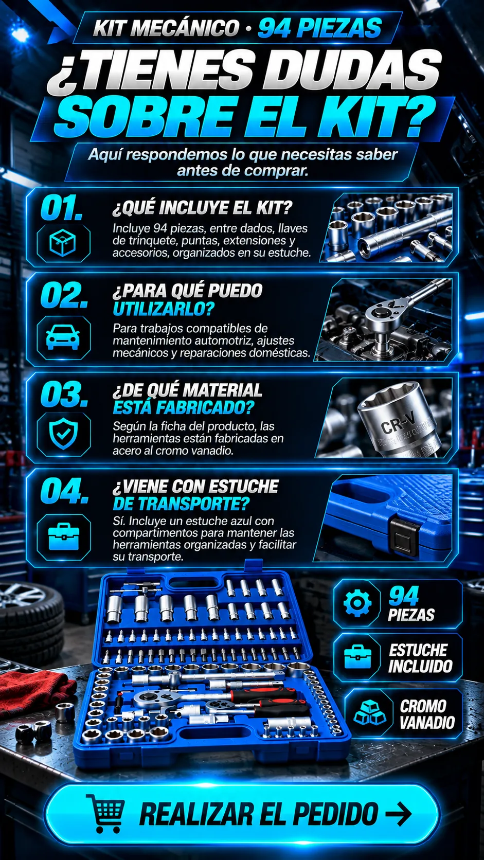 Preguntas frecuentes acerca del contenido, usos, material y estuche del kit